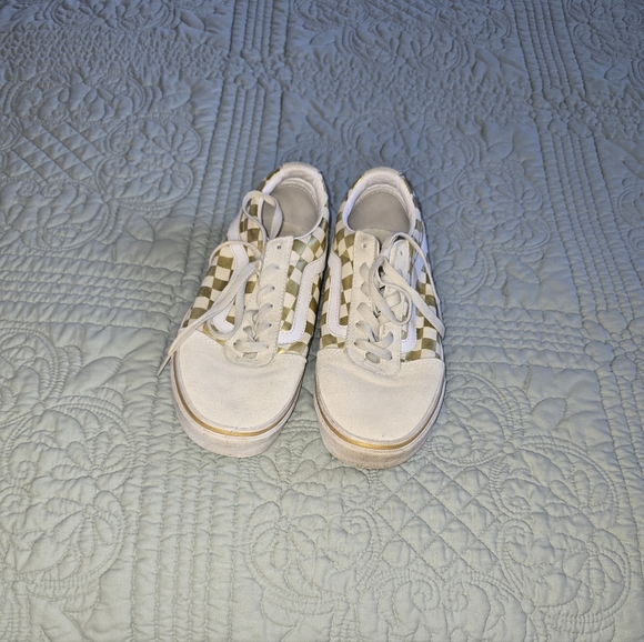 Vans Cream and Gold Checkered Sneakers Womens 9 Or Mens 7.5 - Picture 2 of 9